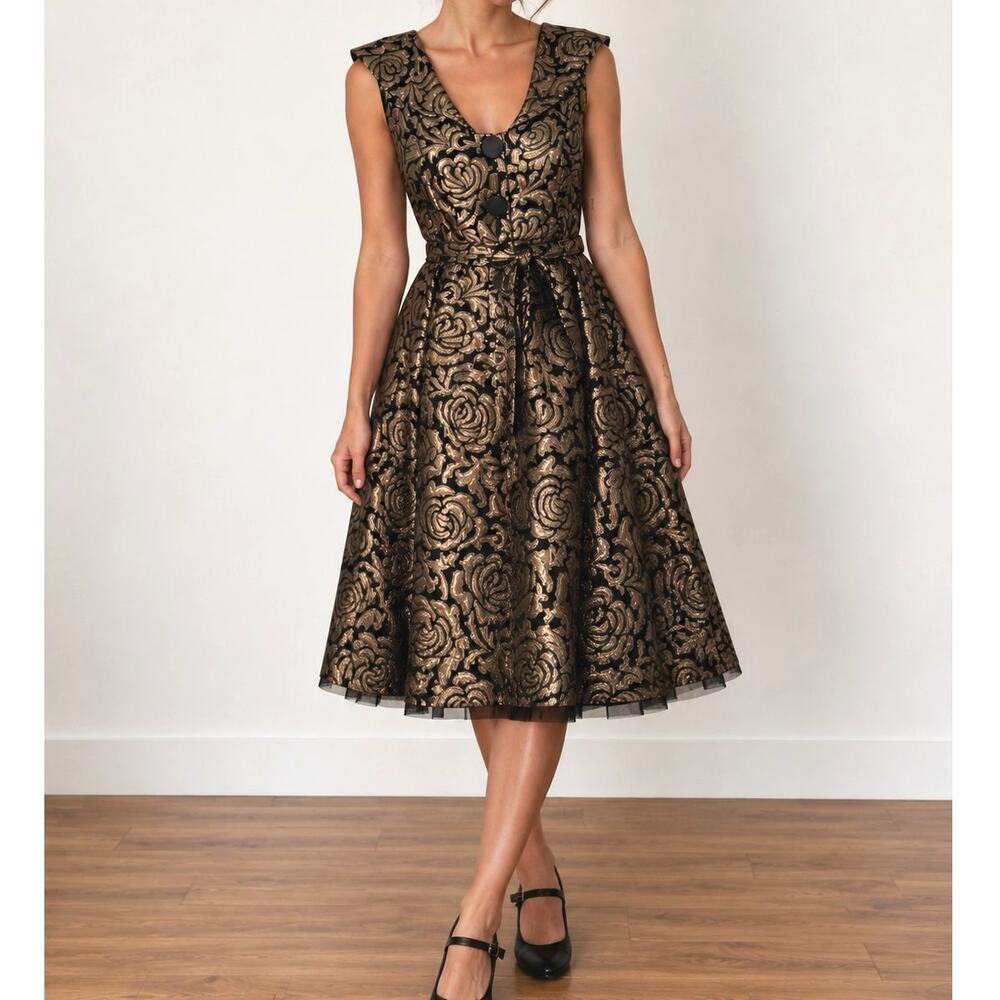 Tatyana Fit & Flare Cocktail Dress Large Retro Party Black Gold Rose Brocade